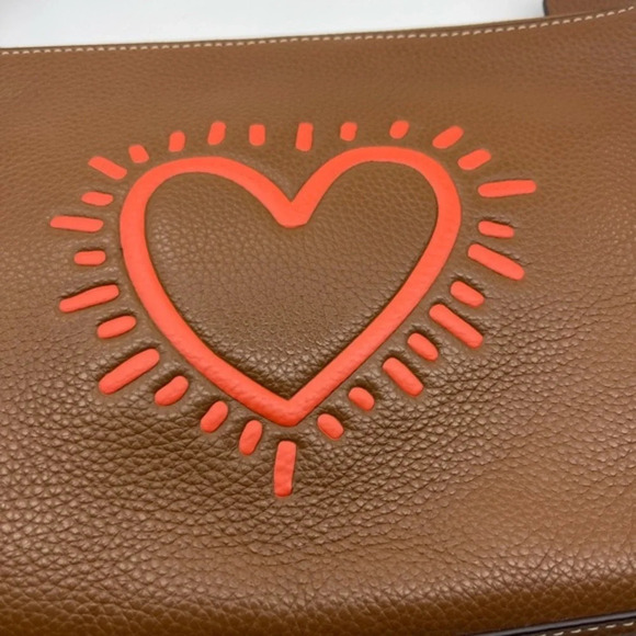 COACH x Keith Haring Leather Large Wristlet 25, Gunmetal/Saddle, NWOT - Picture 7 of 15